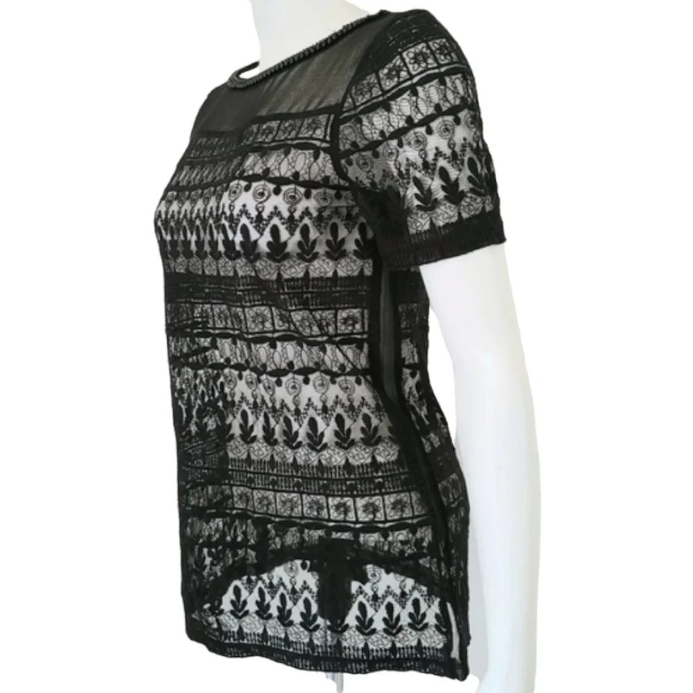 ZARA Black Sheer Lace Tee XS Beaded Neckline Mesh Nylon Punk Goth Sexy Top
